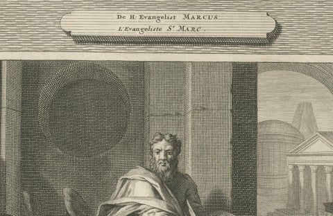 Biblical Engraving, Evangelists Matthew & Mark, Pieter Mortier, Early 1700s, close-up 2