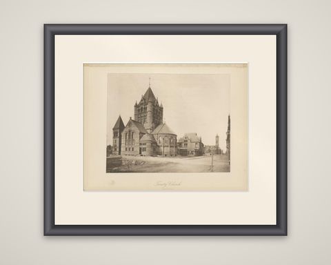 Antique Print of the Trinity Church in the city of Boston, 1887, shown framed