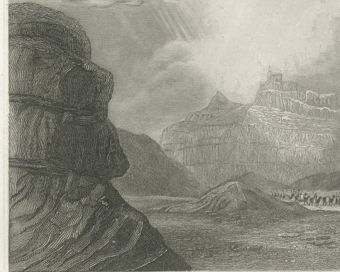 Antique Desert View of Mount Horeb, Arabia, Steel Engraving, circa 1850, close-up 1