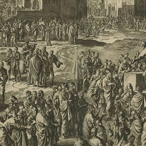 Antique Bible Print Peter's Sermon at Pentecost by J. Luyken, 1743, close-up 2