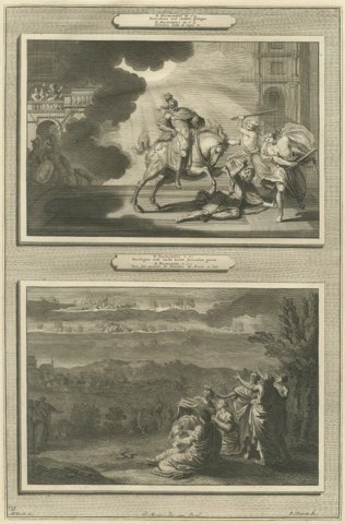 Heliodorus Scourged and Armies in the Sky over Jerusalem, Mortier, circa 1700