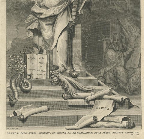Antique Religious Print 'The Law is Given by Moses' by A. Calmet, 'circa 1725', view 4