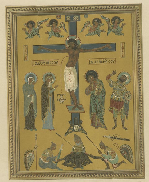 Bavarian Crucifixion Icon Chromolithograph, 19th Century, Signed, close-up 1