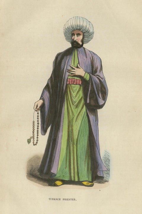 Turkish Religious Scholar, Antique Ottoman Costume Lithograph, c.1852, close-up 1