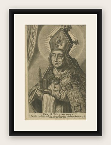 Engraving of Saint Willibrord by Robert Lommelin, Apostle to the Frisians, 1667, shown framed