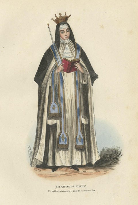 Original Hand-Colored Antique Print of a Carthusian Nun, 1845, close-up 1