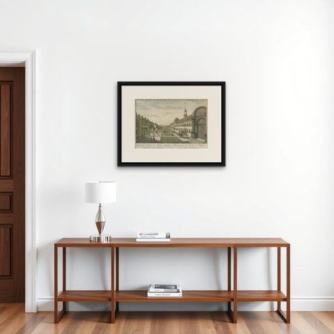 Batavia Castle Church Courtyard, Vue d’Optique, Indonesia c.1770, shown framed on a wall, true to size