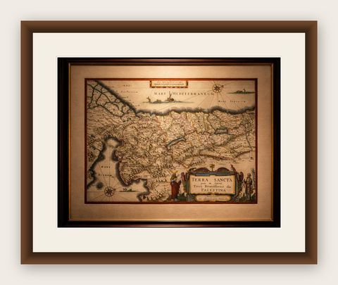 Blaeu Holy Land Map, Terra Sancta Palestina, Figural Cartouche, 1642, shown framed