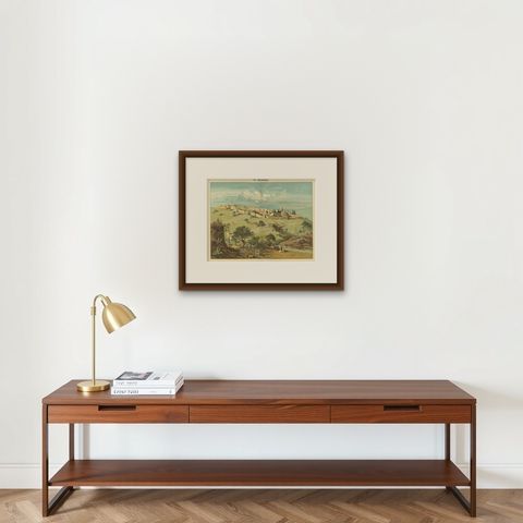 Antique Chromolithograph of Jerusalem from the Mount of Olives, circa 1890, shown framed on a wall, true to size