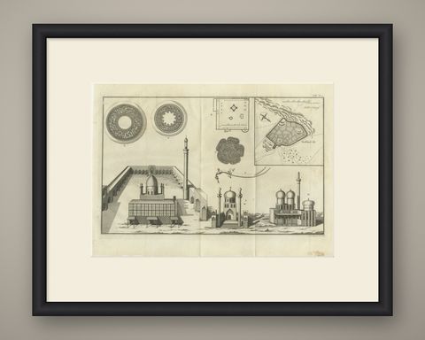 Shrine Buildings, Medallions and Plan of Mesched Ali, Niebuhr Print, 1780, shown framed