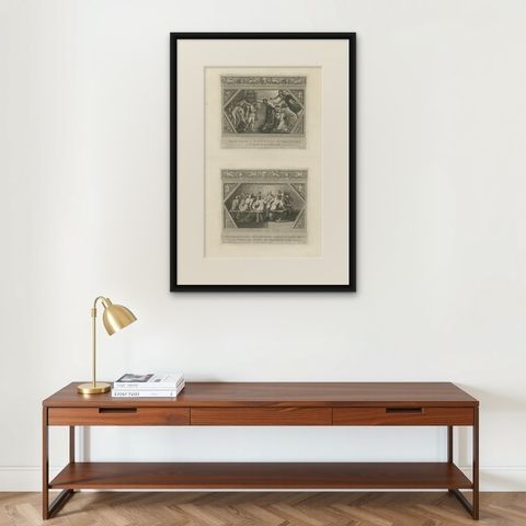 Antique Religion Print of God Appearing to Isaac and Isaac and Rebecca, c.1850, shown framed on a wall, true to size