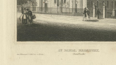 St Paul’s Broadway New York, Antique Engraving Church View, ca.1850, close-up 5