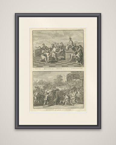 Quetzalcoatl Worship and Hunting Deity, Rare 1734 Engraving of Aztec Rituals, shown framed