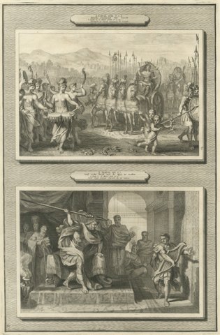 Triumph of David and Saul Hurls His Spear at David, Mortier Bible circa 1700