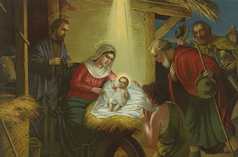 Birth of Jesus, Fine c.1900 German Nativity Chromolithograph (Original), close-up 2
