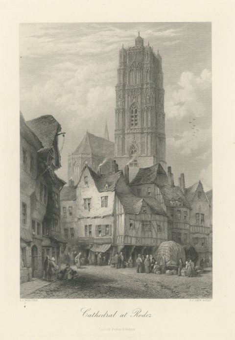 Cathedral at Rodez, France after L.J. Wood, Antique Steel Engraving, circa 1878