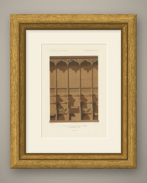 Choir Stalls of Saint Benoît sur Loire, Antique Print, 1851, shown framed