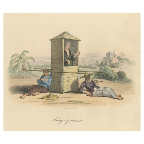 Antique Print of a Religious Man in a Sedan Chair, China