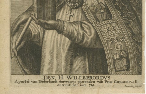 Engraving of Saint Willibrord by Robert Lommelin, Apostle to the Frisians, 1667, close-up 1