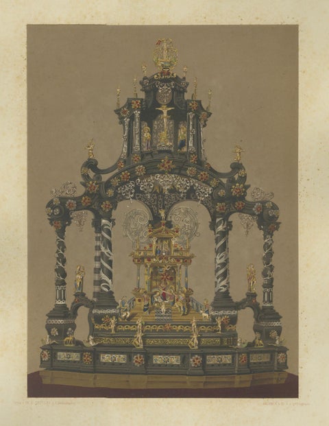 Pair Bavarian Royal Chapel Altar Shrines Chromolithographs, Munich, 1874, close-up 6