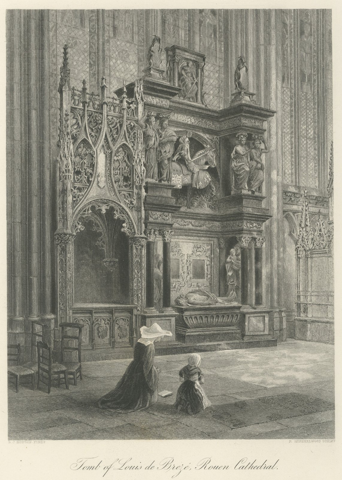 Tomb of Louis de Brézé, Rouen, Antique Steel Engraving after Hodson, circa 1877