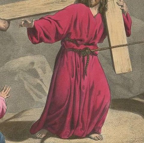 Antique Religious Print "No. 34" Jesus Carrying the Cross, circa 1840, close-up 2
