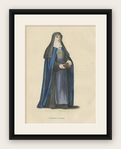 Antique Print of a Nun of Order of Visitation of Holy Mary in Flandres, Belgium, shown framed