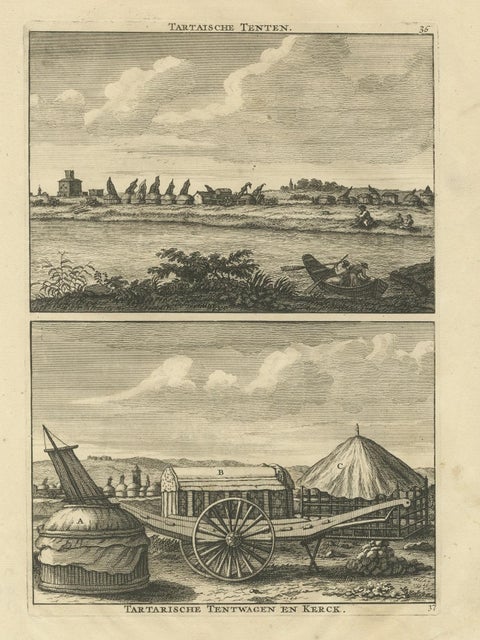 Antique Print of Tartar Tents, Wagon and a Tartar Church, 1714, close-up 1