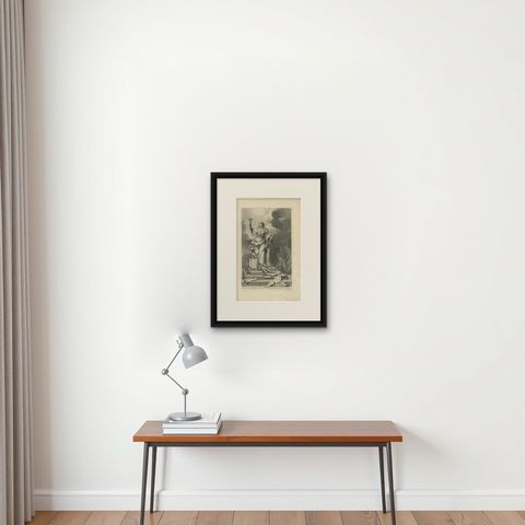 Antique Religious Print 'The Law is Given by Moses' by A. Calmet, 'circa 1725', shown framed on a wall, true to size