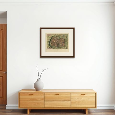 Bird's Eye Plan of the Ancient City of Jerusalem Based on Old Records, c.1725, shown framed on a wall, true to size