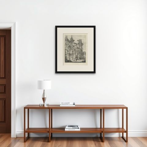 Antique Gothic Church Architecture Lithograph, Samuel Prout, Arques France, 1821, shown framed on a wall, true to size