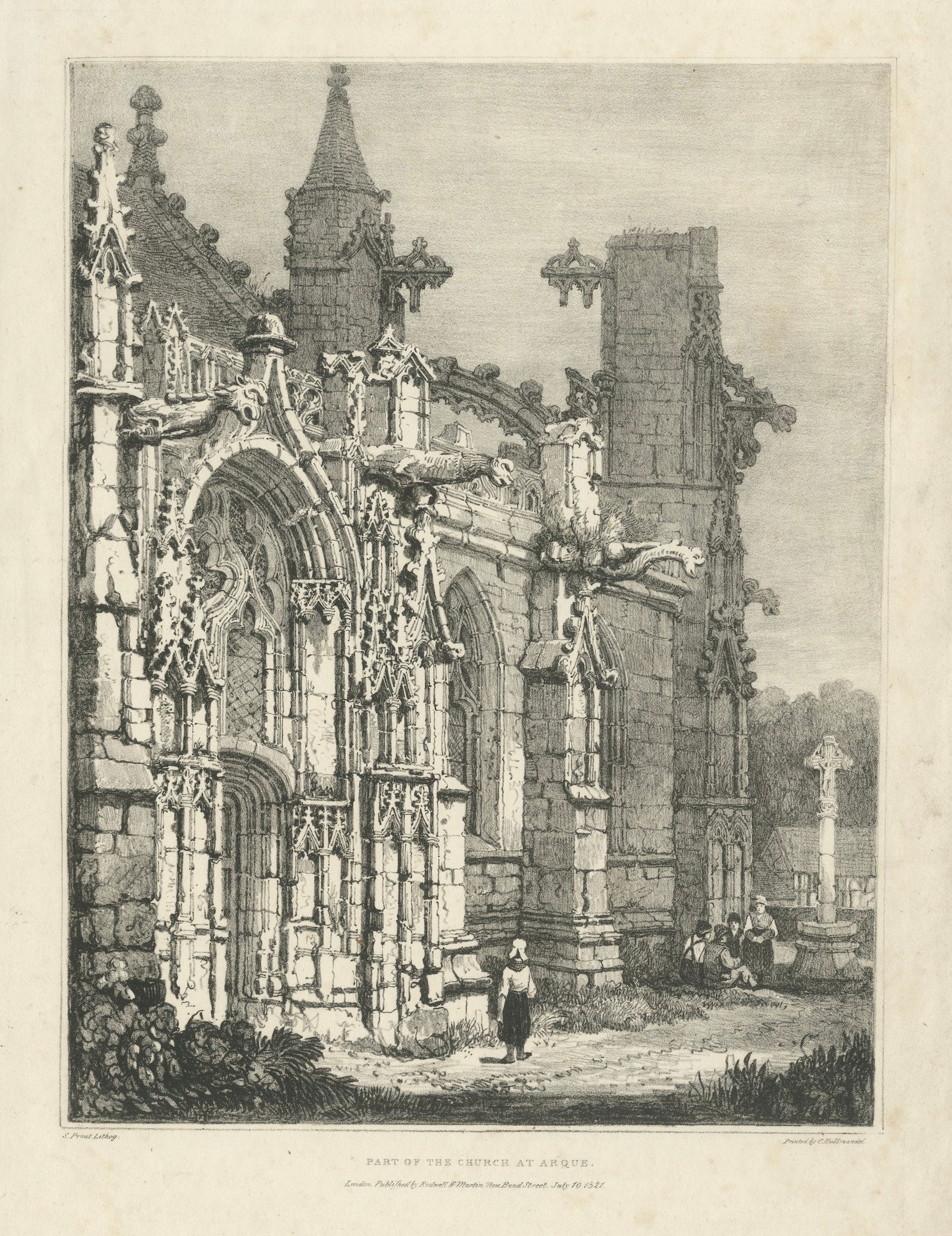 Antique Gothic Church Architecture Lithograph, Samuel Prout, Arques France, 1821