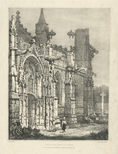 Antique Gothic Church Architecture Lithograph, Samuel Prout, Arques France, 1821