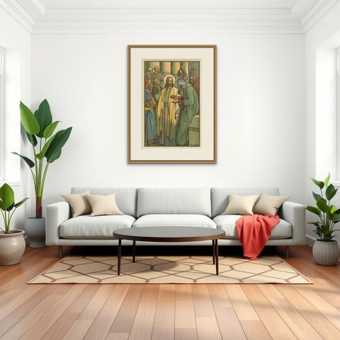 Antique Religion Print of the Tribute Money, '1913', shown framed in a room, true to size
