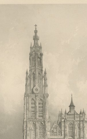West Front of Antwerp Cathedral, Antique Engraving after Allom, circa 1850, close-up 1