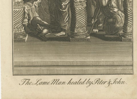 Peter & John Heal the Lame Man, Acts III Engraving c.1735, close-up 1