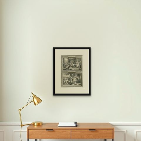 Biblical Engravings, The Unforgiving Servant & Christ Blessing Children, c.1700, shown framed on a wall, true to size