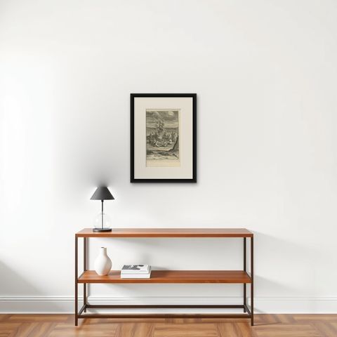 Antique Print of a Gathering Around a Fire in Virginia by B. Picart, 1721, shown framed on a wall, true to size