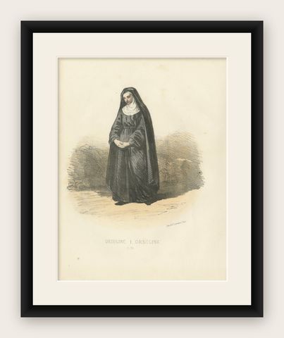 Ursuline, 1862 Hand-Colored Lithograph of an Ursuline Nun, shown framed