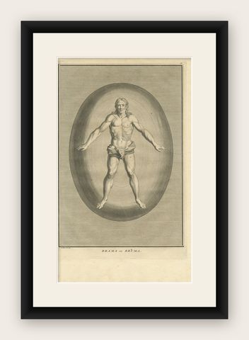 Antique Engraving of Brahma, the Hindu Creator God, 1723, shown framed