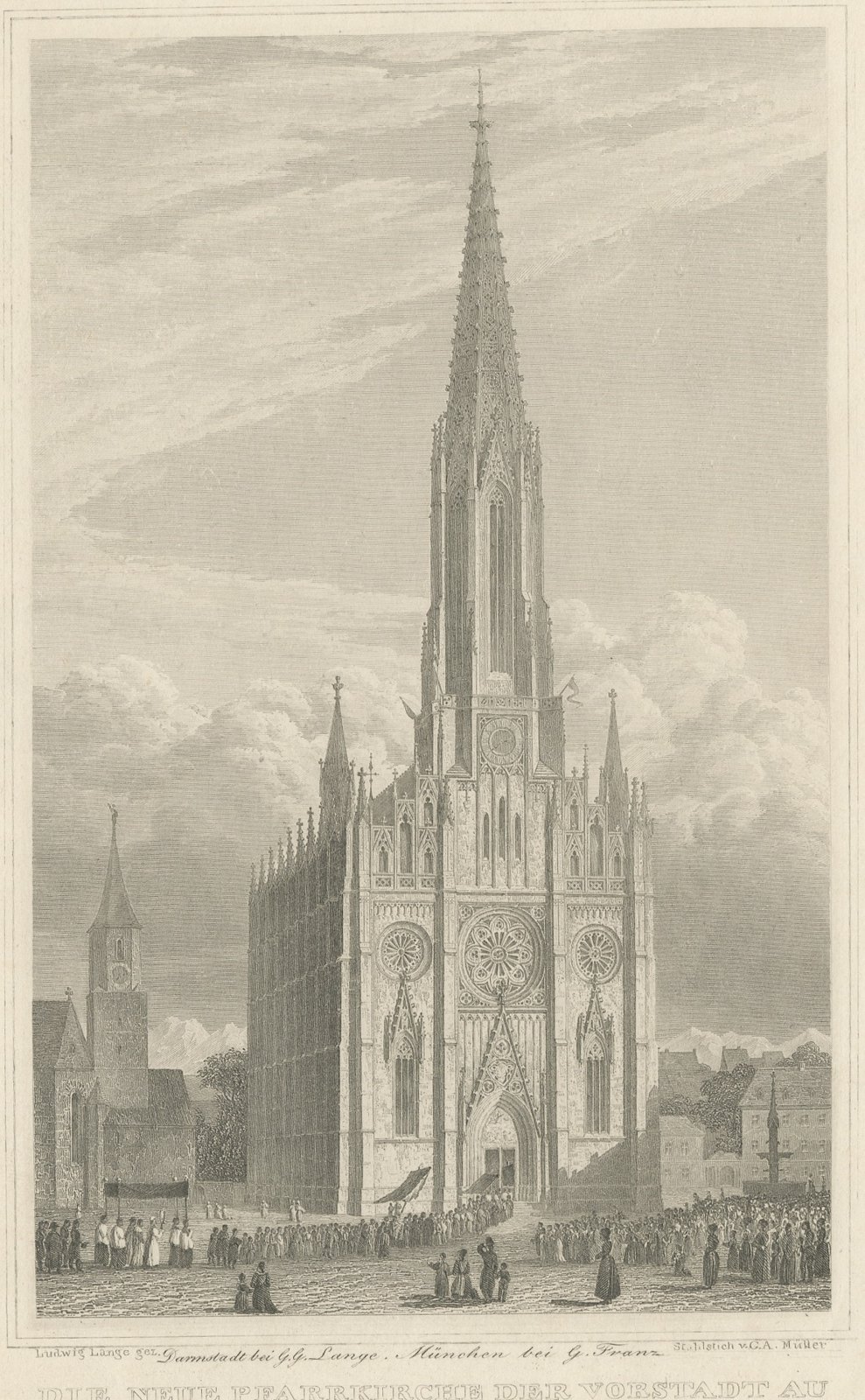 Mariahilfkirche, Au, Munich, Antique Steel Engraving after L. Lange, circa 1840