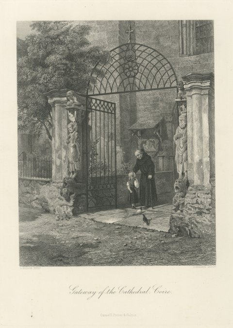 Cathedral Gateway, Chur, Antique Steel Engraving after S. Hodson, circa 1876