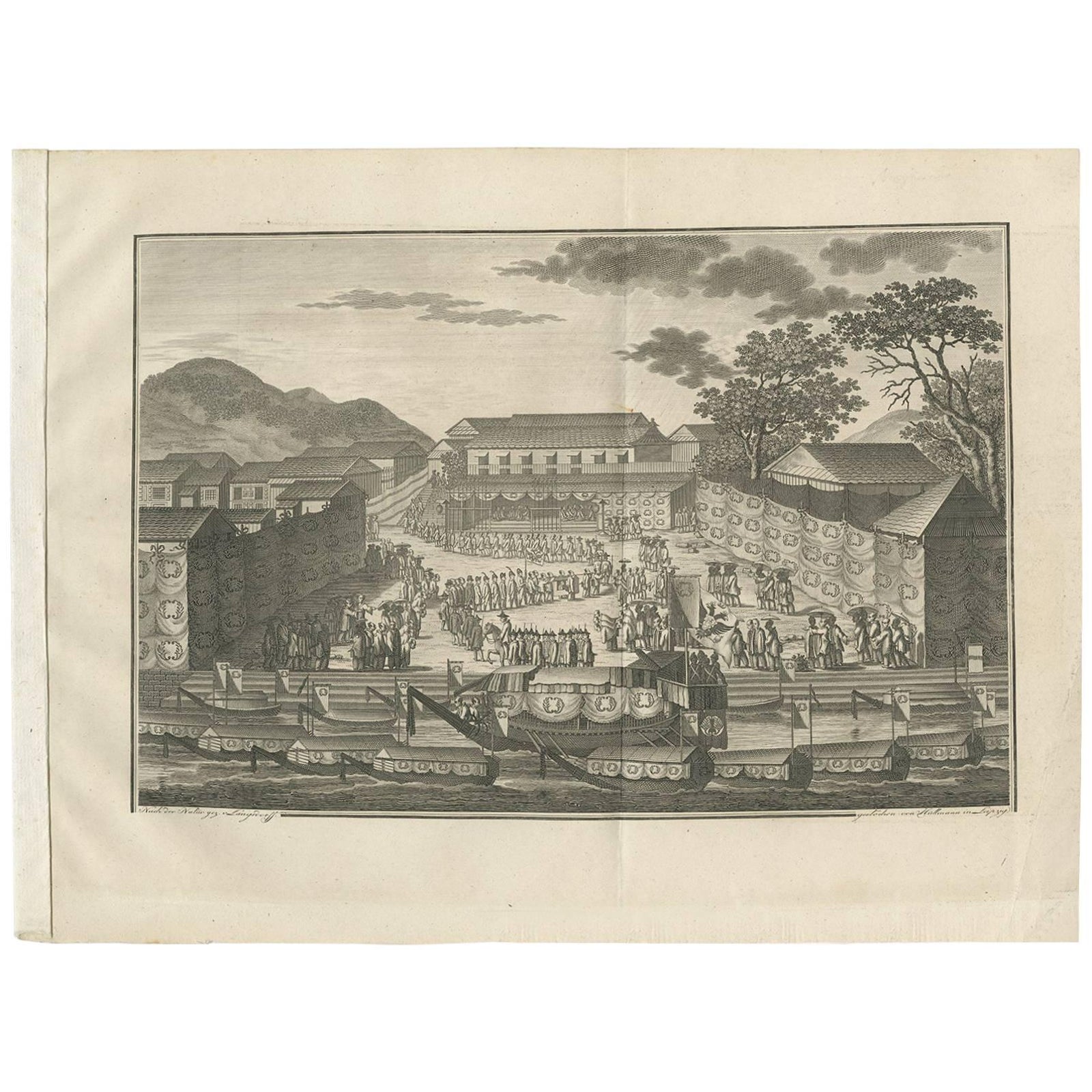 Nagasaki Japan Procession, Antique Engraving, 1812