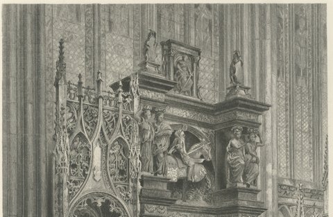 Tomb of Louis de Brézé, Rouen, Antique Steel Engraving after Hodson, circa 1877, close-up 1