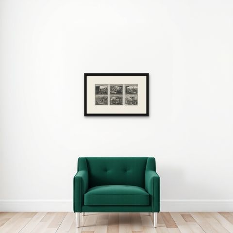 Antique Biblical Engravings, Mortier Amsterdam, Genesis & Apocalypse, c.1700, shown framed on a wall, true to size