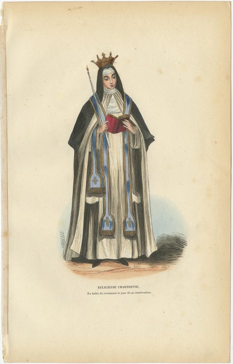 Original Hand-Colored Antique Print of a Carthusian Nun, 1845, view 2