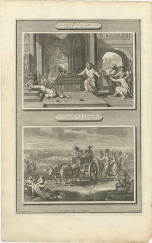 Dagon Falls Before the Ark and the Ark Sent Back, Mortier Bible circa 1700, view 2