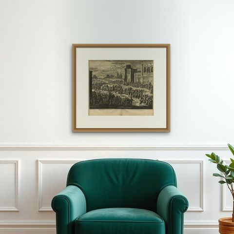 Antique Bible Print David Dancing for the Ark by J. Luyken, 1743, shown framed on a wall, true to size