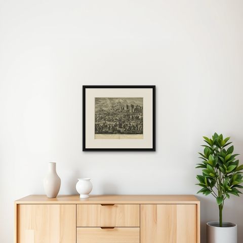 Antique Bible Print the Stoning of Saint Stephen by J. Luyken, 1743, shown framed on a wall, true to size