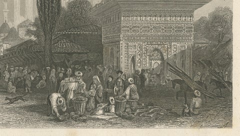 Antique Constantinople Street Scene Print, Ottoman Market Mosque View, c.1850, close-up 5